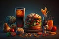 Big hamburger with glass of cola and vegetables on dark background