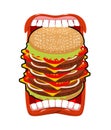 Big hamburger mouth. Strong hunger. Great burger and open mouth.