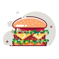 Big hamburger with tomato paste, cheese, beef cutlet and salad. Flat style. Vector illustration. Royalty Free Stock Photo