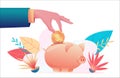 Big hand of businessman holds coin and puts it in piggy bank. Savings protection concept. Metaphor of investment, capital