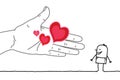 Big hand and cartoon character - offering hearts