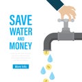 Big hand closes tap with water and coins. Ecology problems concept. Save water and money, landing page template. Irreplaceable Royalty Free Stock Photo