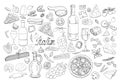 Big hand drawn italian food collection isolated on white background. Vector italian pizza, wine, cheese set Royalty Free Stock Photo