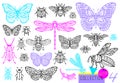 Big hand drawn line set of insects bugs, beetles, honey bees, butterfly moth, bumblebee, wasp, dragonfly, grasshopper. Royalty Free Stock Photo