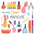 Big hand drawn Set of cosmetic products for nail care.