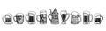 Big hand drawn set of different beer mugs. Black and white vector illustration Royalty Free Stock Photo