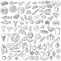 Big hand-drawn set of food. Isolated objects on a white background. Royalty Free Stock Photo