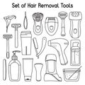 Set of hair removal tools and toiletries, line art