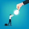 Big hand gives idea bulb to businessman concept. Business symbol vector illustration Royalty Free Stock Photo