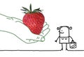Big hand giving a strawberry to a cartoon woman with shopping bag