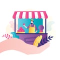 Big hand hold shop with businessman. Small business support, insurance concept. Global economic crisis and financial problems