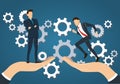 Big hand holding businessman and gears background , business concept Royalty Free Stock Photo