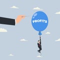 Big hand pushes the needle to pop the blue balloon with the word PROFITS. Business competition vector illustration