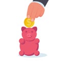 Big hand putting coin into piggy bank. Vector illustration, flat design. Royalty Free Stock Photo