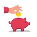 Big hand putting coin into piggy bank vector Royalty Free Stock Photo