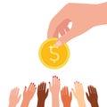 Big hand shares, gives money to people in need, charity. People focused on money, reward money. Monetary motivation, aspiration, Royalty Free Stock Photo