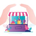 Big hands covering shop with businessman. Small business support, insurance concept. Financial crisis protection. Fruit stall