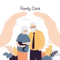 Big hands covering tiny old people with care. Medical or financial assurance banner template. Elderly couple with cat