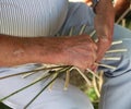 big hands expert craftsman while creating a basket