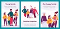 Big Happy Family Characters Bonding Cartoon Banners. Mother, Father, Son, Daughter, Grandfather, Grandmother Royalty Free Stock Photo