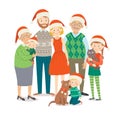 Big happy family in Christmas hats with pets. Grandparents, parents and children together. Cartoon vector hand drawn eps Royalty Free Stock Photo
