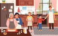 Big happy family cooking time. Parents, children and grandmother together cook food, detailed kitchen interior with