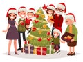 Big happy family decorates the Christmas tree. Vector illustration of a flat design