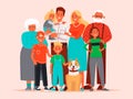 Big happy family. Father, mother, children, grandmother and grandfather,pet dog together Royalty Free Stock Photo