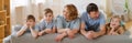 Big happy family sitting on sofa in living room, happy and joyful smile. Family Royalty Free Stock Photo