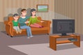 Big happy family watching TV on sofa. Man with coffee cup. Evening watching television series. Interior of the room with TV