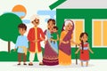 Big happy indian family in national dress vector illustration. Parents, grandmother and children cartoon characters