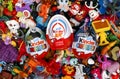 Big heap of Kinder Surprise toys and eggs. Royalty Free Stock Photo