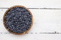 A big, heaping wooden bowl full of ripe, juicy blueberries