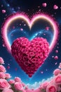 A big heart of rose flower in the sky, with cosmic galaxy background, falling flower petals in the sky, pink rose, love, anime art