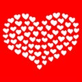 Big heart shape comprised by smaller ones on red background.