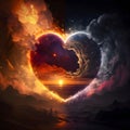 Big heart in the sky connecting day and night sunset over the sea mountains all around. Heart as a s of affection and love Royalty Free Stock Photo