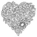 Big heart of spring flowers for coloring book. Mothers day holidays design. Valentines day heart. Hand-drawn decorative elements Royalty Free Stock Photo