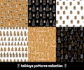 Big holiday hand drawn patterns set. Collection of winter backgrounds with gifts, christmas trees and lettering Royalty Free Stock Photo