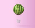 Big hot air balloon watermelon concept on pastel pink background