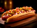 Big hot dog Chicago style. Traditional street food. American hot dog with big sausage and vegetables close-up Royalty Free Stock Photo