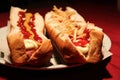 Big hot dog with sauces and french fries Royalty Free Stock Photo