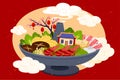 Big hotpot with fresh ingredients