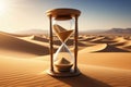 Big hourglass on the desert surrounded by dunes, sand falling and minutes counting, time concept. Copy space