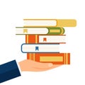 Big human hand holds stack of three books. Concept of donation, education and learning. Vector illustration of World Book Day Royalty Free Stock Photo