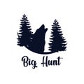 Big hunt, howling of a wolf against the background of a fir tree.