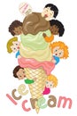 A big ice cream cone of various flavors and many happy children