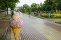 A big ice cream figure. Advertising shape of ice cream stands on the street to attract customers to a cafe or ice cream shop Royalty Free Stock Photo