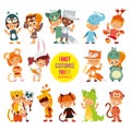 Big icon set of cute boys and girls in animals costumes.