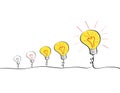 Big idea evolution process. Set of growing light bulbs with different stages of brightness. Royalty Free Stock Photo