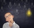 Big idea. Smart boy with solution lightbulb